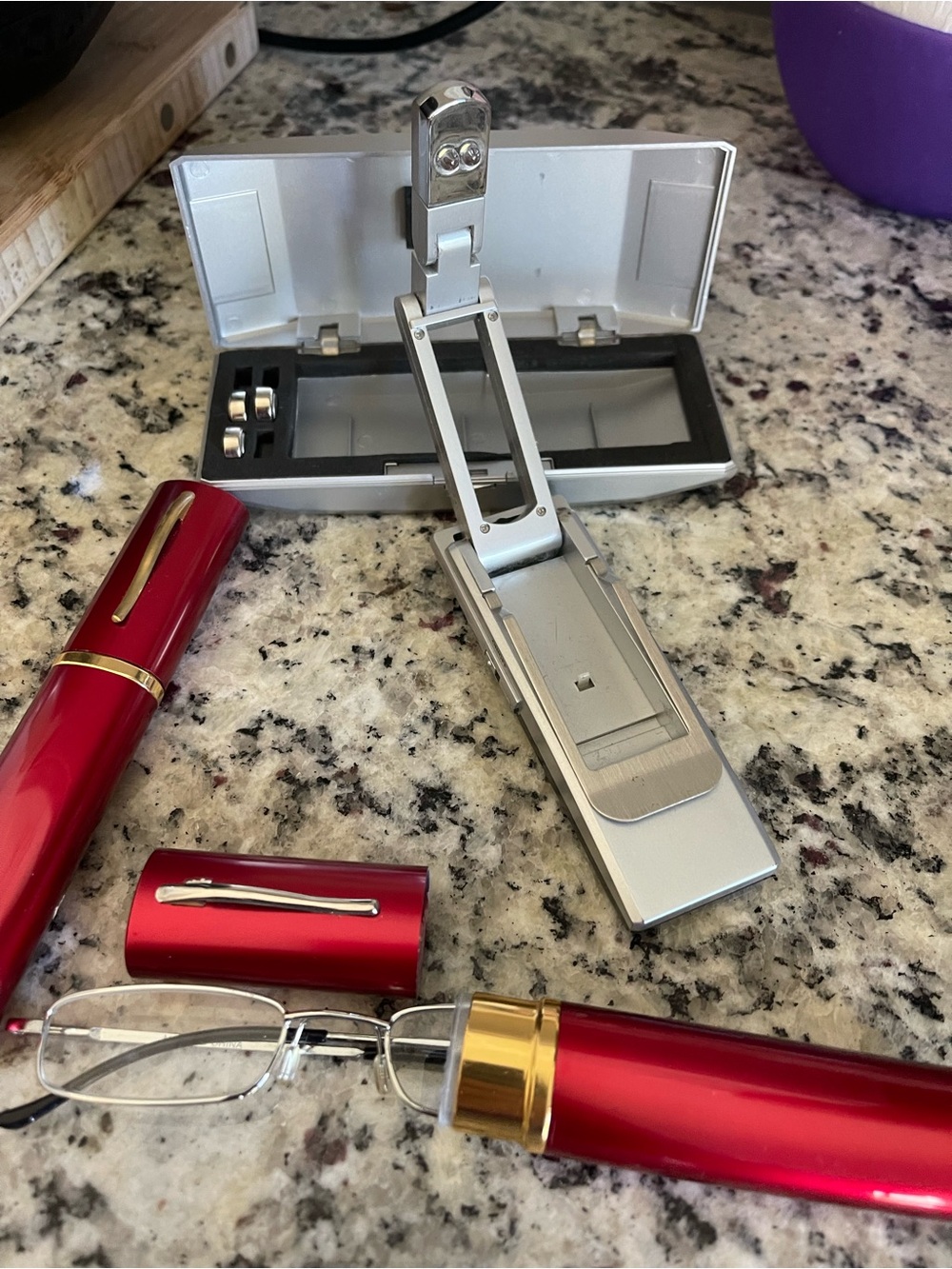 Two Pair Folding Reading Glasses with Red Metallic Cases & Travel Reading Light